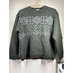 Jeffrey Banks Hand Knit 100% Shetland Wool Nordic Green Sweater Mens Size Large